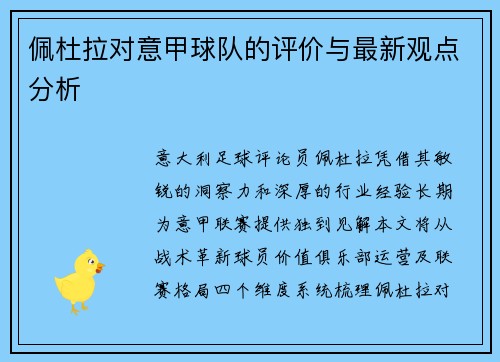 佩杜拉对意甲球队的评价与最新观点分析